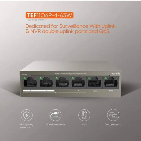Hikvision 4 Ports POE Switch For IP Cameras 6 Ports Switch, 4 Ports POE 2 Uplinks